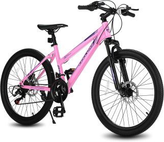 S24103 Elecony 24 inch Mountain Bike for Teenagers Girls Women, Shimano 21 Speeds Gear MTB with Dual Disc Brakes and 100mm Front Suspension, White/Pin